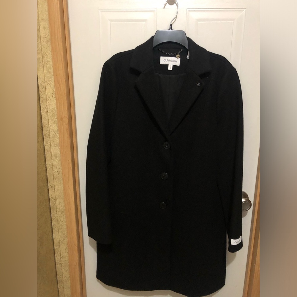 Calvin Klein Black Trench Coat with Notched Lapel and CK initial pin